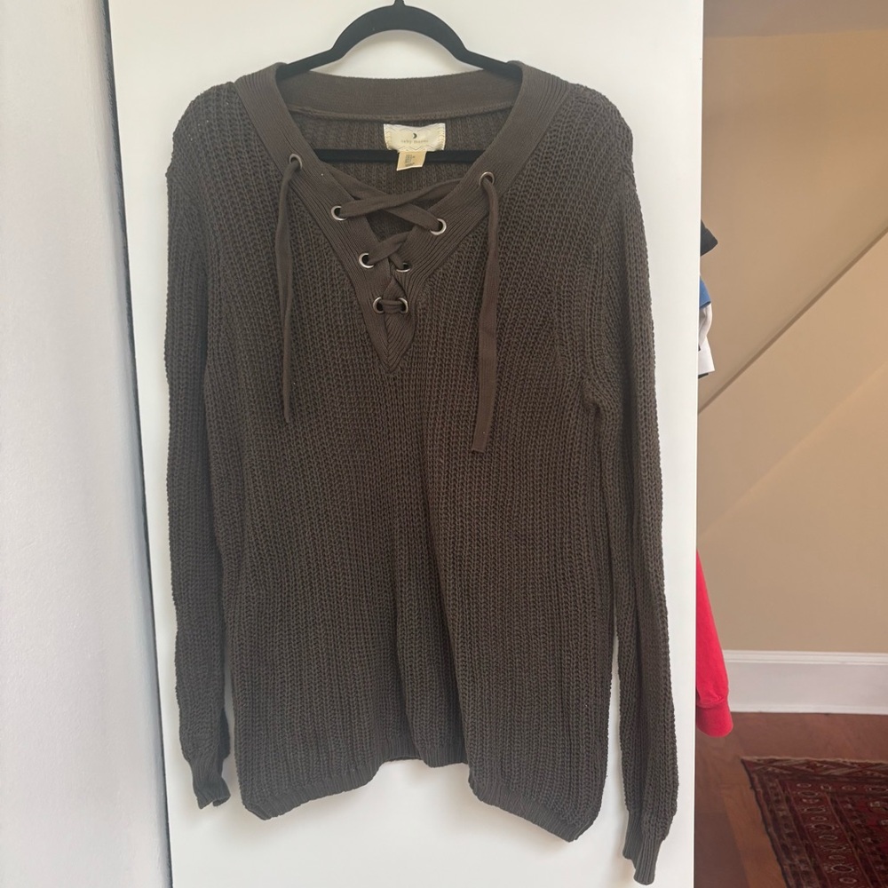 Ruby Moon Dark Green V-Neck Sweater with Lace-Up Detail